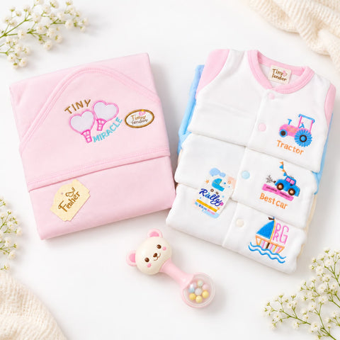 Newborn Welcome Bundle - 9 Pieces Newborn Fleece Clothing Set & Pink Fleece Wrapping Sheet