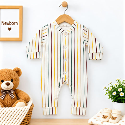 Cotton Interlock Baby Romper – White Stripes | Soft & Comfortable | 0–24 Months