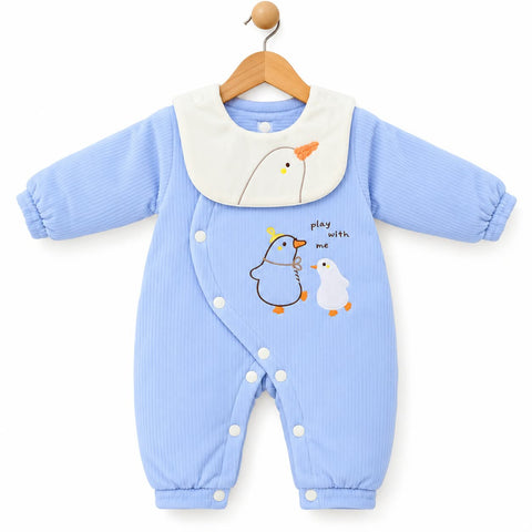 A baby long-sleeve footless romper in light blue ribbed fabric, hanging on a wooden hanger against a white background. The romper features a white bib collar with a cartoon penguin graphic, and a front graphic of two penguins with the text 'play with me'.