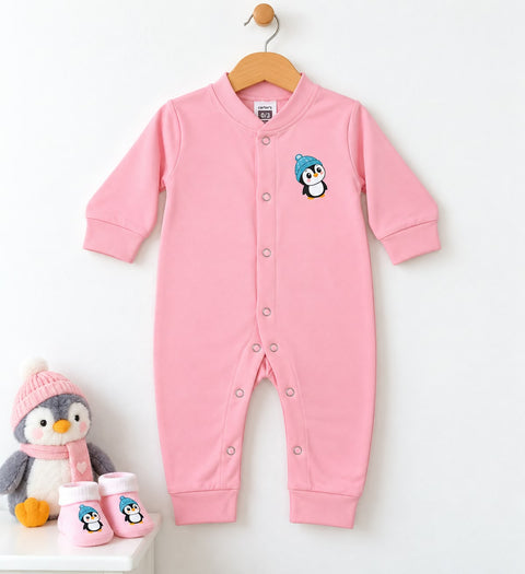 Cotton Interlock Baby Romper – Pink Penguin | Soft & Comfortable | 0–24 Months