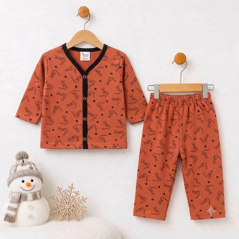 Terry Baby Night Suit – Brown Love | Winter Nightwear 3 Months–6 Years