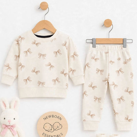 A baby clothing set displayed on a white background, including a cream sweatshirt and matching jogger pants with a repeating bow print, hanging from wooden hangers. A plush white bunny with a pink bow, a round wooden sign reading 'Newborn Essentials,' and a pair of cream booties are arranged below.