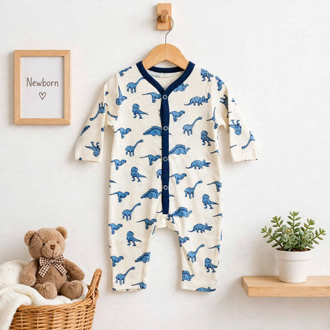 Cotton Jersey Baby Romper – White Dino | Soft & Comfortable | 0–24 Months