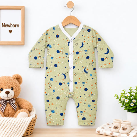 Cotton Jersey Baby Romper – Light Green Planets | Soft & Comfortable | 0–24 Months