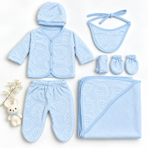 Newborn 8 Piece Plush Fleece Starter Set Hearts – Blue | Soft Winter Baby Clothing Set | 0+ Months