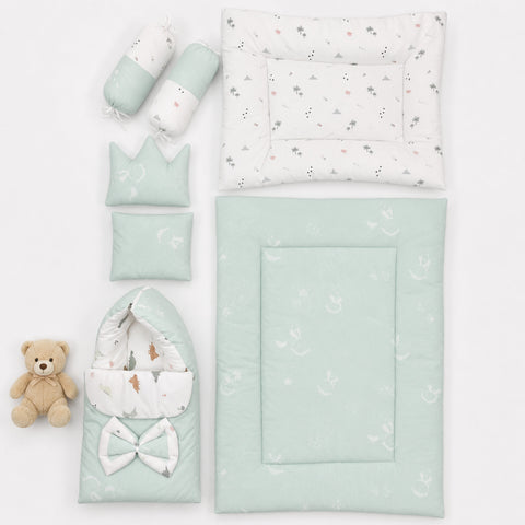 Newborn Cotton Bedding Set - 7 Pieces - Green - Dinosaurs