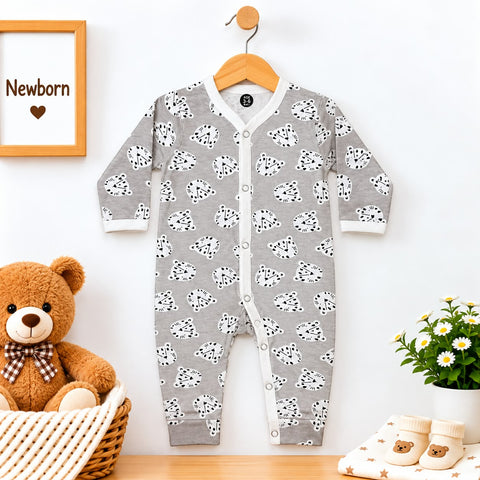 Cotton Jersey Baby Romper – Light Grey Cats | Soft & Comfortable | 0–24 Months