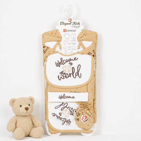 Newborn 12 Piece Fleece Starter Set Welcome – Brown | Soft Winter Baby Clothing Set | 0+ Months