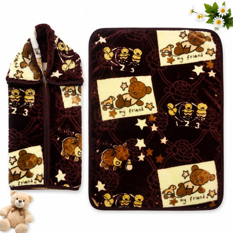 A plush fleece blanket and matching zippered pouch shown on a white background. The blanket features a dark brown base with a repeating pattern of cartoon teddy bears, bees, stars, and the text 'my friend' on cream panels.