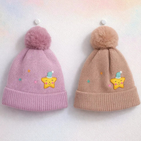 Pack of 2 - Woolen Caps - Purple & Pink - Pom Star - 26