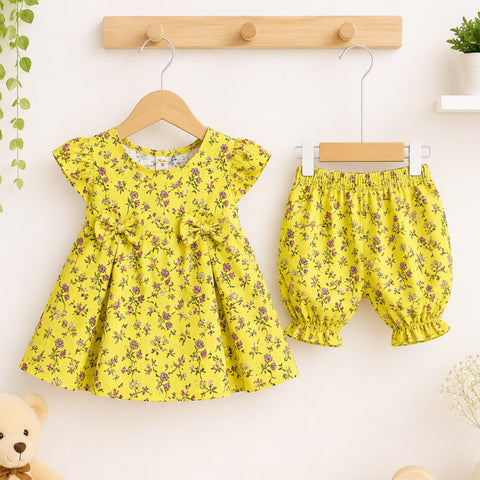 P&P - 2 Pieces - Frock Set - Yellow - Flowers & Bow