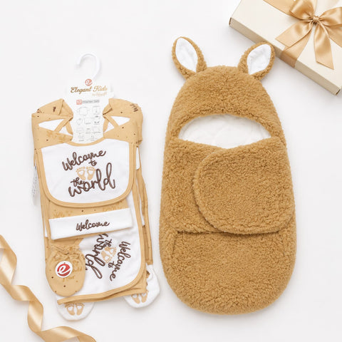 Newborn Welcome Bundle - Fleece Welcome Starter Set & Fur Swaddling Blanket Brown