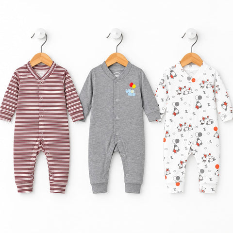 Cotton Interlock Baby Sleep Suits – Pack of 3 | Long Sleeve Open Feet – Grey Stripe