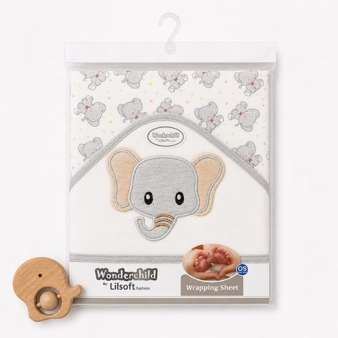 Wonderchild Lilsoft Tuxedo baby wrapping sheet in a clear plastic package with a white hanger, featuring a gray elephant applique on a white background with a small wooden elephant rattle in front.