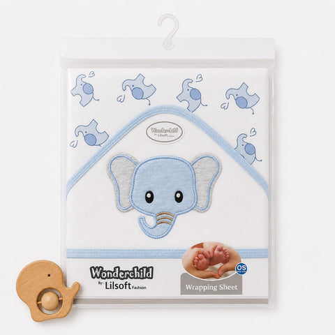 Wonderchild by Lilsoft Fashion baby wrapping sheet in a clear plastic hanging package, featuring a light blue elephant applique on a white background with blue elephant motifs. A small wooden elephant toy is placed at the bottom left on a clean white background.