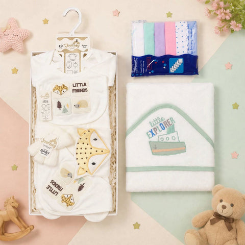 Newborn Welcome Bundle - White Little Friends Starter Set, White Bath Towel & Face Towel Pack