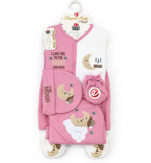 Newborn 8 Piece Fleece Starter Set Moon Dark Pink | Soft Winter Baby Clothing Set | 0+ Months