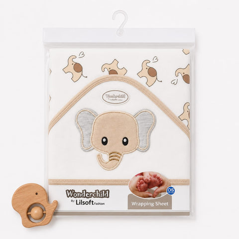Wonderchild by Lisoft baby wrapping sheet in clear plastic packaging with a wooden elephant teether placed in front, on a light gray background.