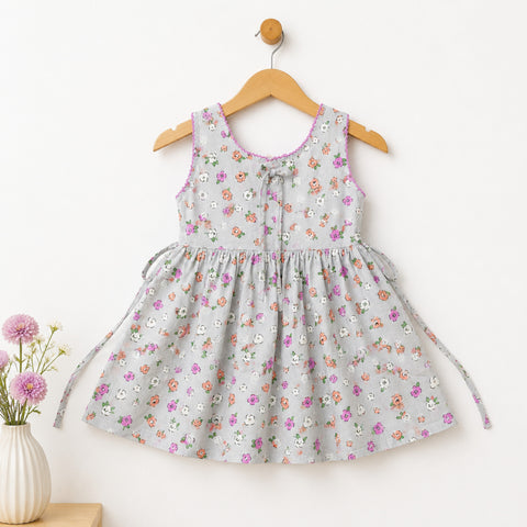 P&P - Sleeveless - Cotton Frock - Grey - Small Flowers