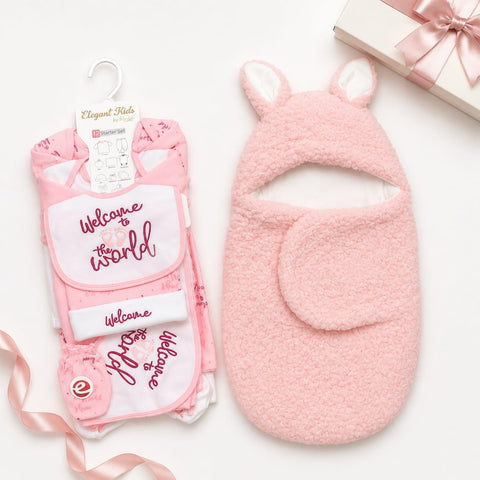 Newborn Welcome Bundle - Fleece Welcome Starter Set & Fur Swaddling Blanket Pink