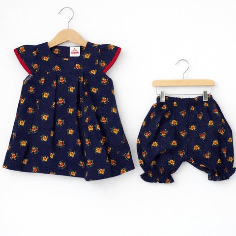 PR - 3 Pieces - Frock Set - Navy - Circles & Flowers