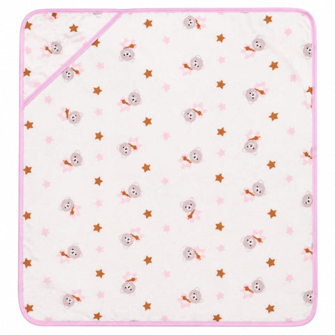 A square baby blanket or quilt with a pink border, featuring a repeating pattern of cute teddy bears wearing pink bows, brown stars, and small pink flowers on a white background.