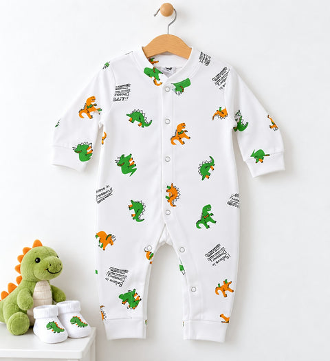 Cotton Interlock Baby Romper – White Dino | Soft & Comfortable | 0–24 Months