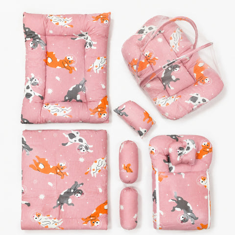 Newborn Cotton Bedding Set - 8 Pieces - Cat - Pink