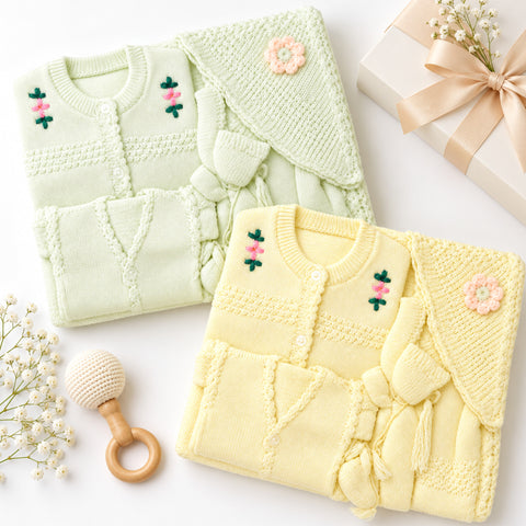 Two folded baby cardigans or knit tops in pale pastel colors are arranged on a white surface with decorative props. The top-left item is light mint green with pink and green floral embroidery and a matching flower applique.