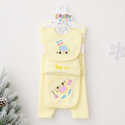A baby clothing set hanging on a white hanger against a light background, featuring a pale yellow long-sleeve top and matching bib and footmuff with embroidered cartoon car designs and the words 'Beep car'.