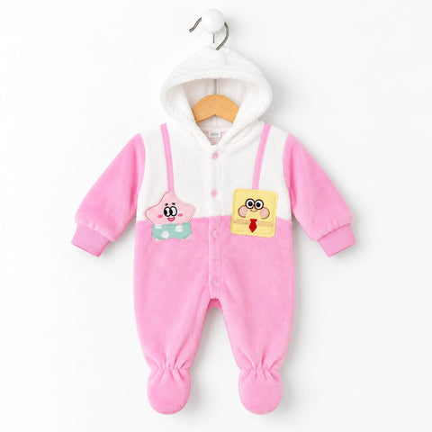 Plush Fleece Baby Winter Hooded Romper - Pink | 0-6 Months