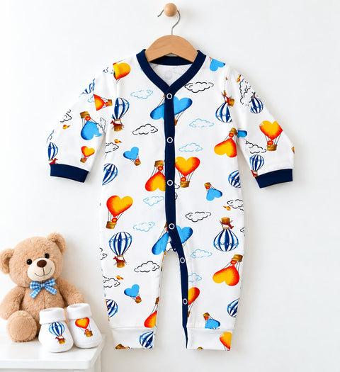 Cotton Jersey Baby Romper – White Balloons | Soft & Comfortable | 0–24 Months