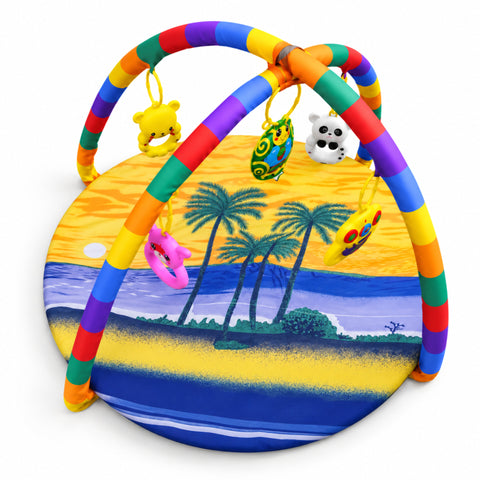 A colorful baby activity gym with a round printed mat showing a beach and palm tree scene, supported by rainbow-striped arches with hanging toys including a yellow bear, green snake, panda, pink ring, and yellow sun.