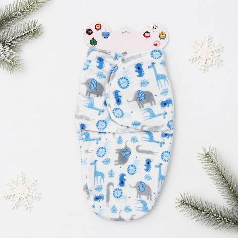 Imported Plush Fleece Newborn Adjustable Swaddle Wrap – Blue Animals | Soft Infant Baby Wrap 19×13 Inches