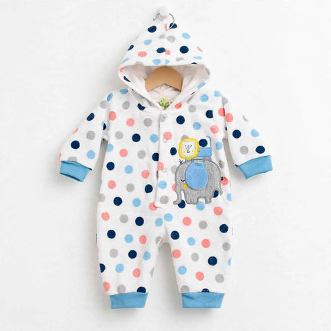 A baby hooded one-piece jumpsuit in white fleece with multicolor polka dots (blue, pink, gray) and a blue elephant applique on the chest, shown hanging on a wooden hanger against a white background.
