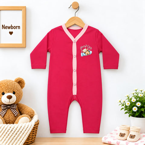 Cotton Jersey Baby Romper –  Pink Bear | Soft & Comfortable | 0–24 Months