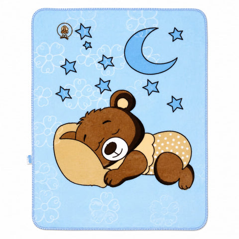A square baby blanket featuring a cute cartoon sleeping brown bear on a light blue background with a blue crescent moon and stars.