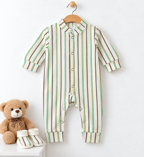 Cotton Interlock Baby Romper – Green Stripes | Soft & Comfortable | 0–24 Months