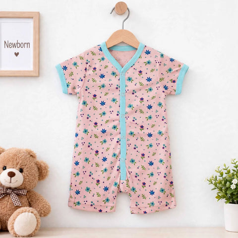 Baby Romper Short Leg – Pink Floral | Soft Cotton Baby Romper 0–24 Months