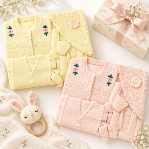 Two folded knitted baby cardigans, one pale yellow and one pale pink, styled on a white fabric surface with a gift box, baby rattle, and dried flowers. The cardigans have embroidered floral details and a knitted bow on the chest.
