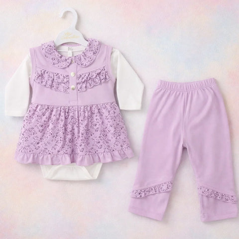 GM - 3 Pieces - Frock Set - Purple - Flower & Leaves