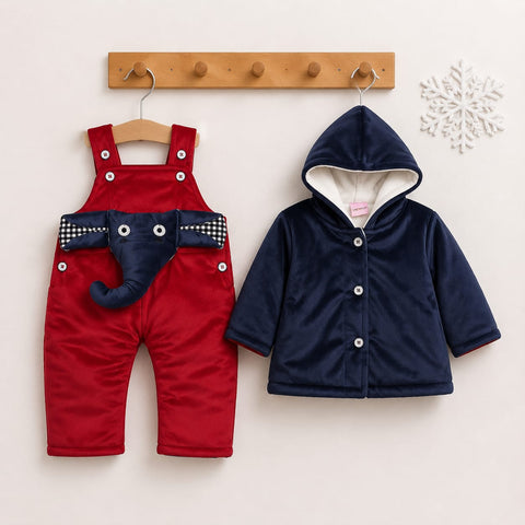 Winter Baby Dungaree Set - Red - Elephant