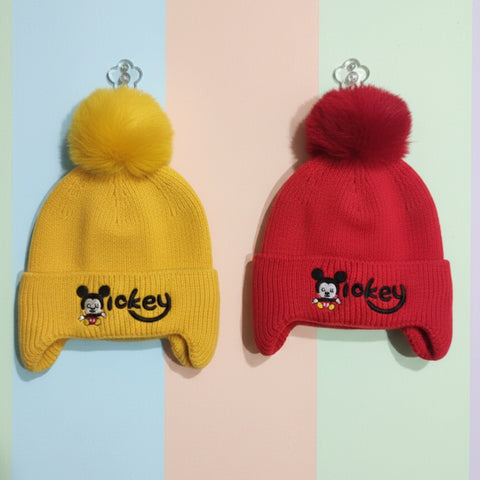Pack of 2 Woolen Baby Caps – Red & Yellow | Pom Mickey | 6–18 Months
