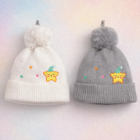 Pack of 2 - Woolen Caps - White & Grey - Pom Star - 26