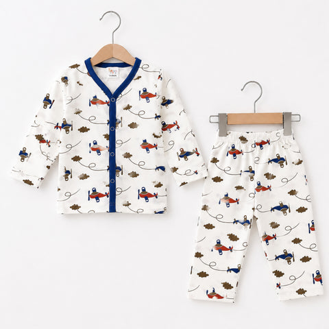 TBS - Cotton Jersey - Night Suit - White - Aeroplane & Clouds - 26