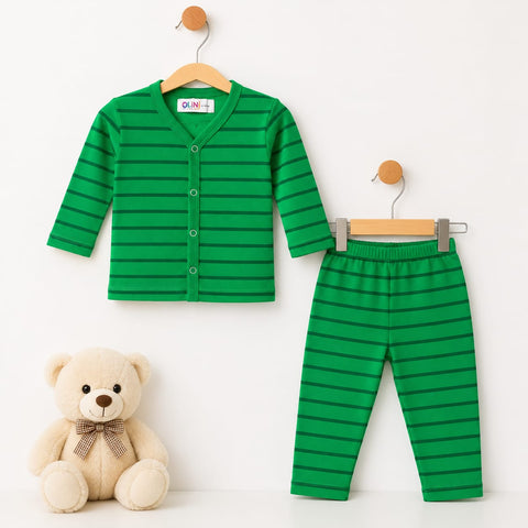 A two-piece baby clothing set consisting of a green long-sleeve cardigan and matching striped pants, displayed on wooden hangers next to a beige teddy bear toy against a plain white background.
