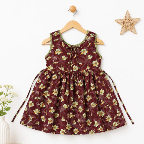 P&P - Sleeveless - Cotton Frock - Brown - Yellow Leaves