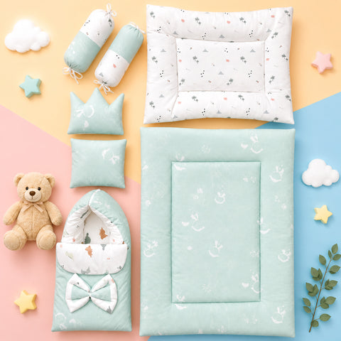 Newborn Cotton Bedding Set - 7 Pieces - Green - Dinosaurs