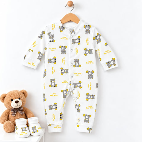 Cotton Interlock Baby Romper – White Little Bear | Soft & Comfortable | 0–24 Months