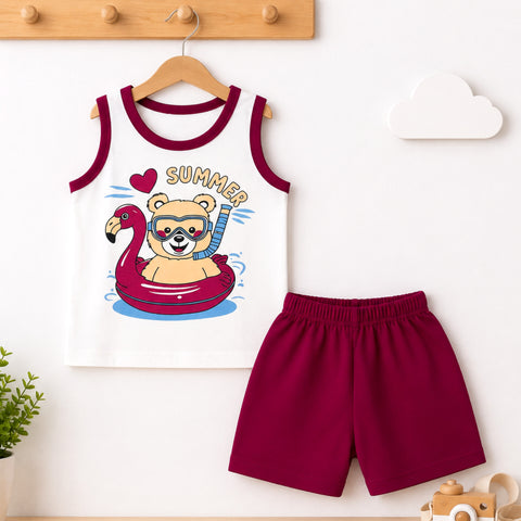 Cotton Jersey Sando & Short - Pink - Bear